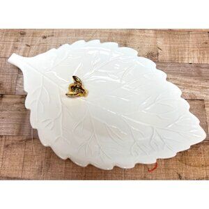 Sweet Living Collection White Leaf-Shaped Dish With Gold Accent And Bee